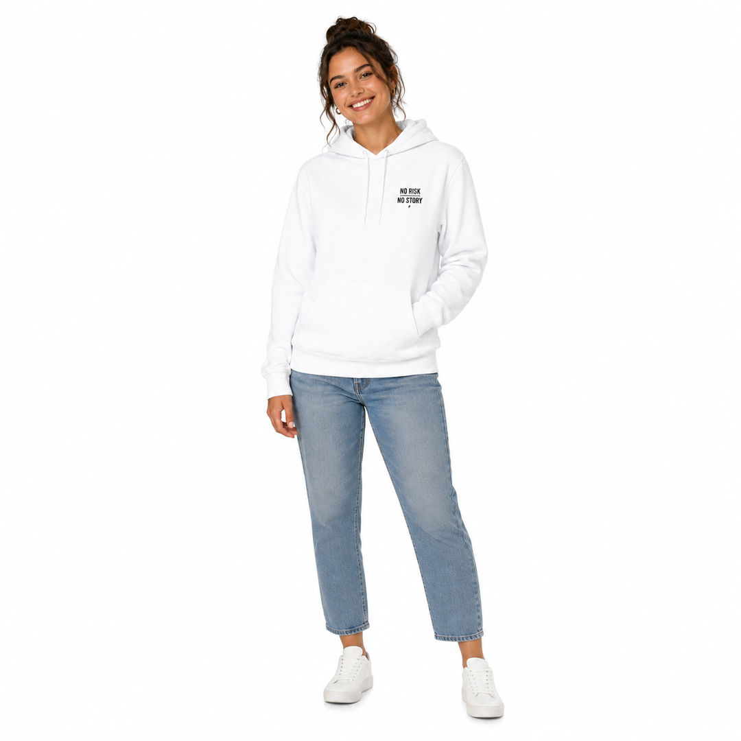 Woman modeling the White three-panel fleece hoodie with visible drawstrings, kangaroo pocket and regular unisex styling.