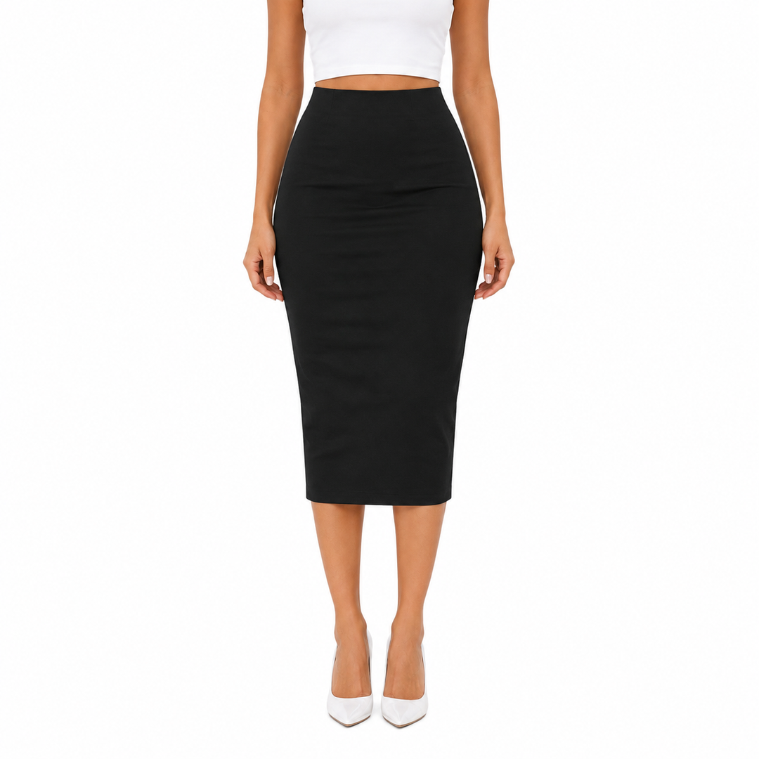 Tight Hip Zipper Skirt black front view high-waist midi fit