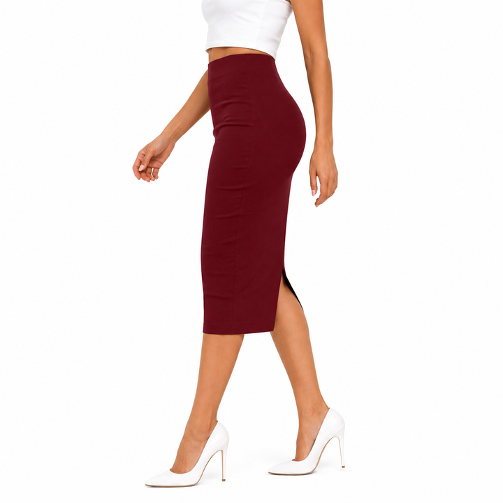 Tight Hip Zipper Skirt wine red side view slim midi silhouette