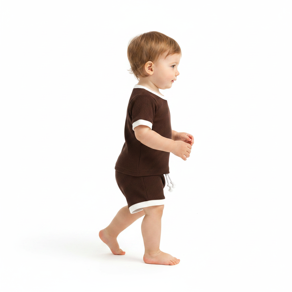 Non-hooded baby two-piece outfit in pearl white cotton with easy closure for gentle everyday baby wear