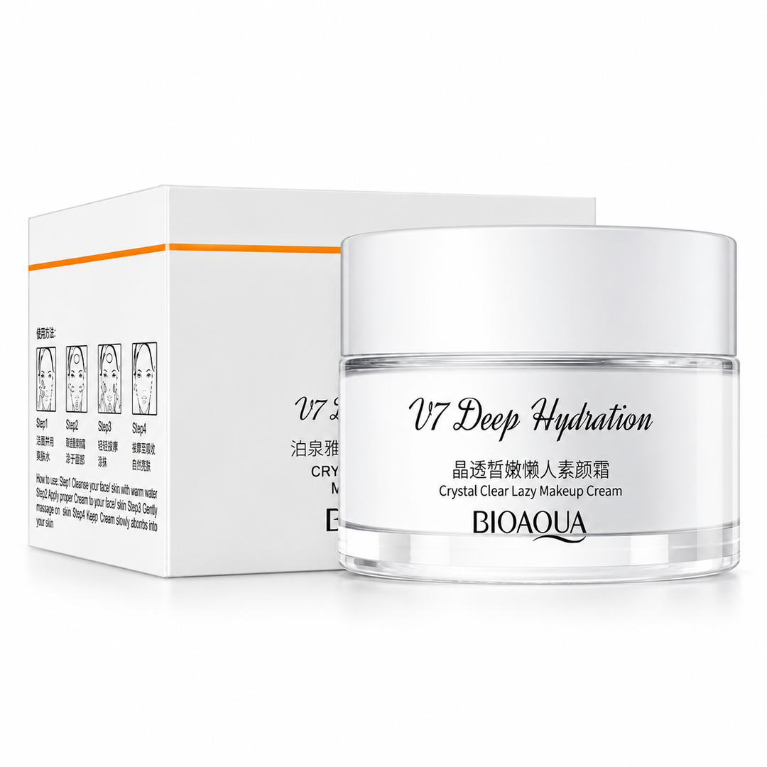 Front view of white BIOAQUA V7 jar and matching carton, with printed product label and silver lid against a white background.