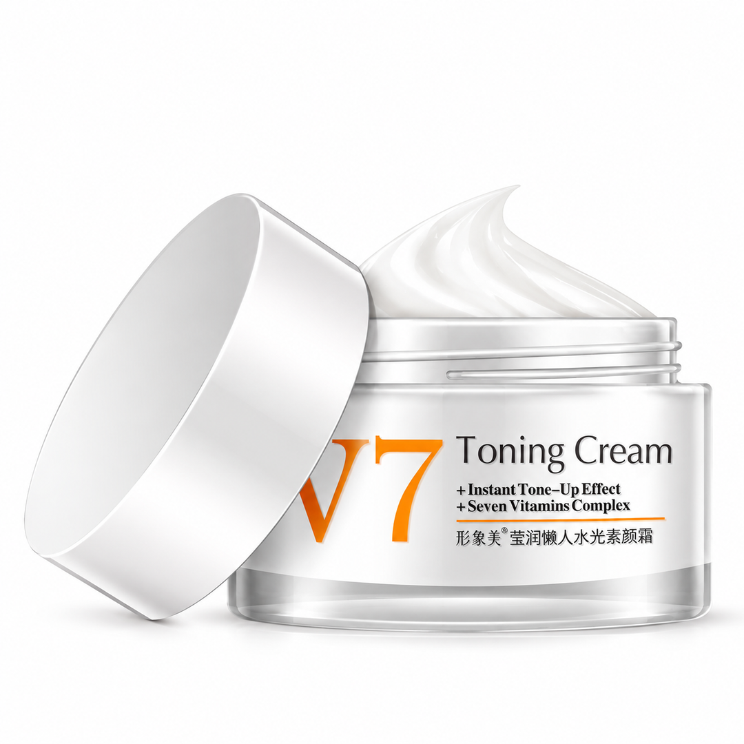 Open V7 Toning Cream jar with visible white cream and a silver lid resting alongside, photographed against a white background