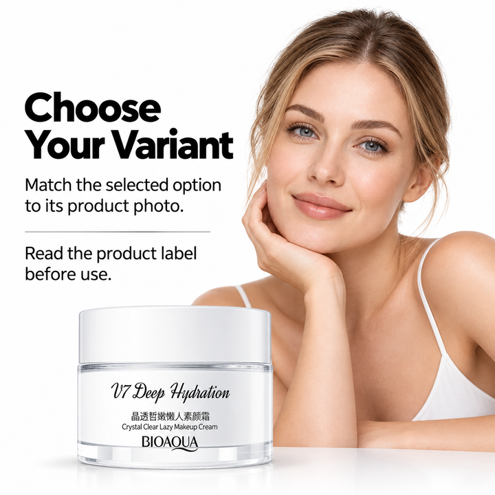 Buyer guidance with adult woman and white BIOAQUA jar, advising shoppers to match their selected option to its product photo.