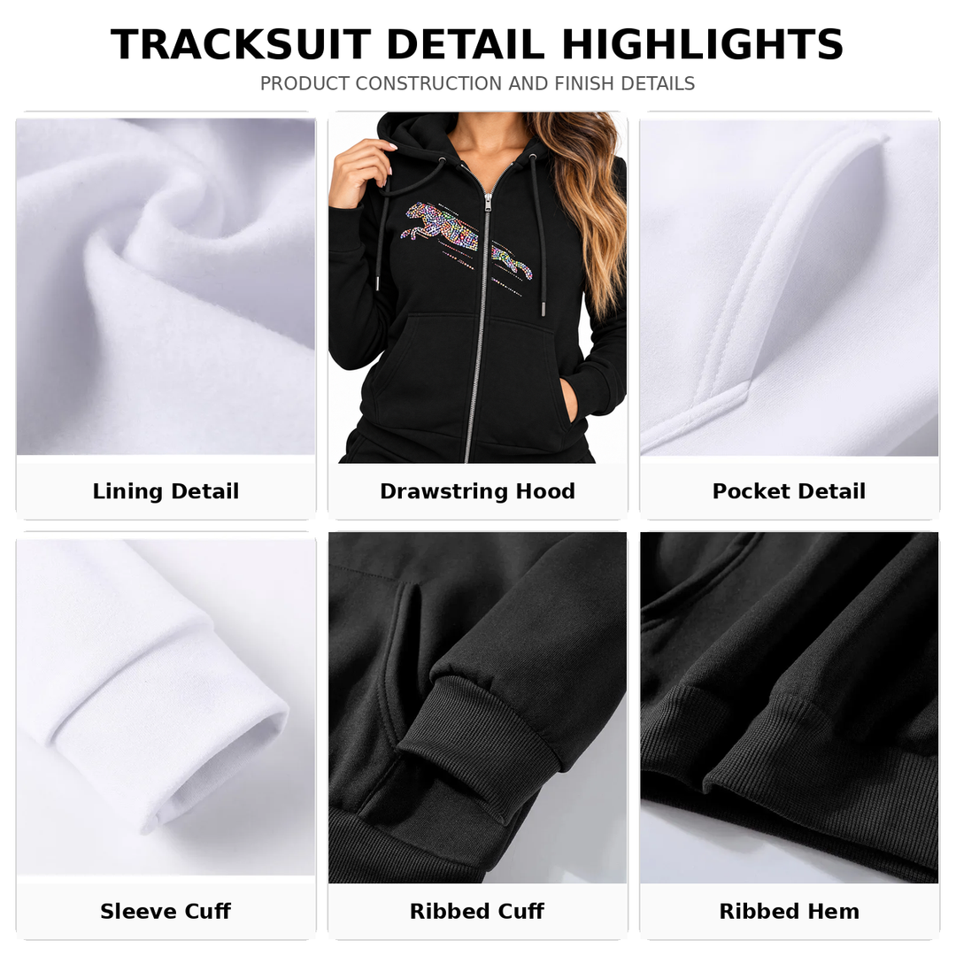 Tracksuit construction details showing lining, drawstring hood, pocket, sleeve cuff, ribbed cuff and ribbed hem