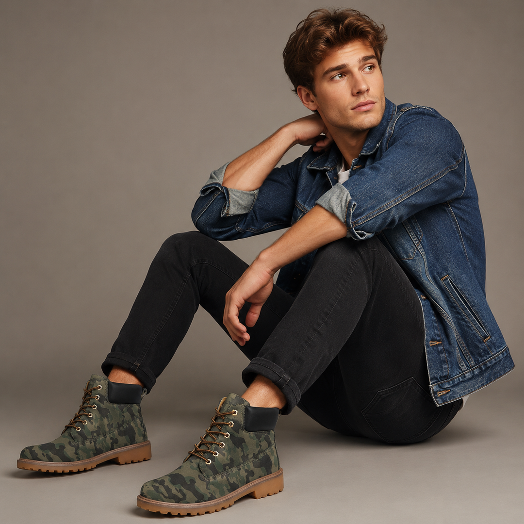 Male model wearing camouflage high-top casual boots with black padded collars, brown laces and tan lug soles