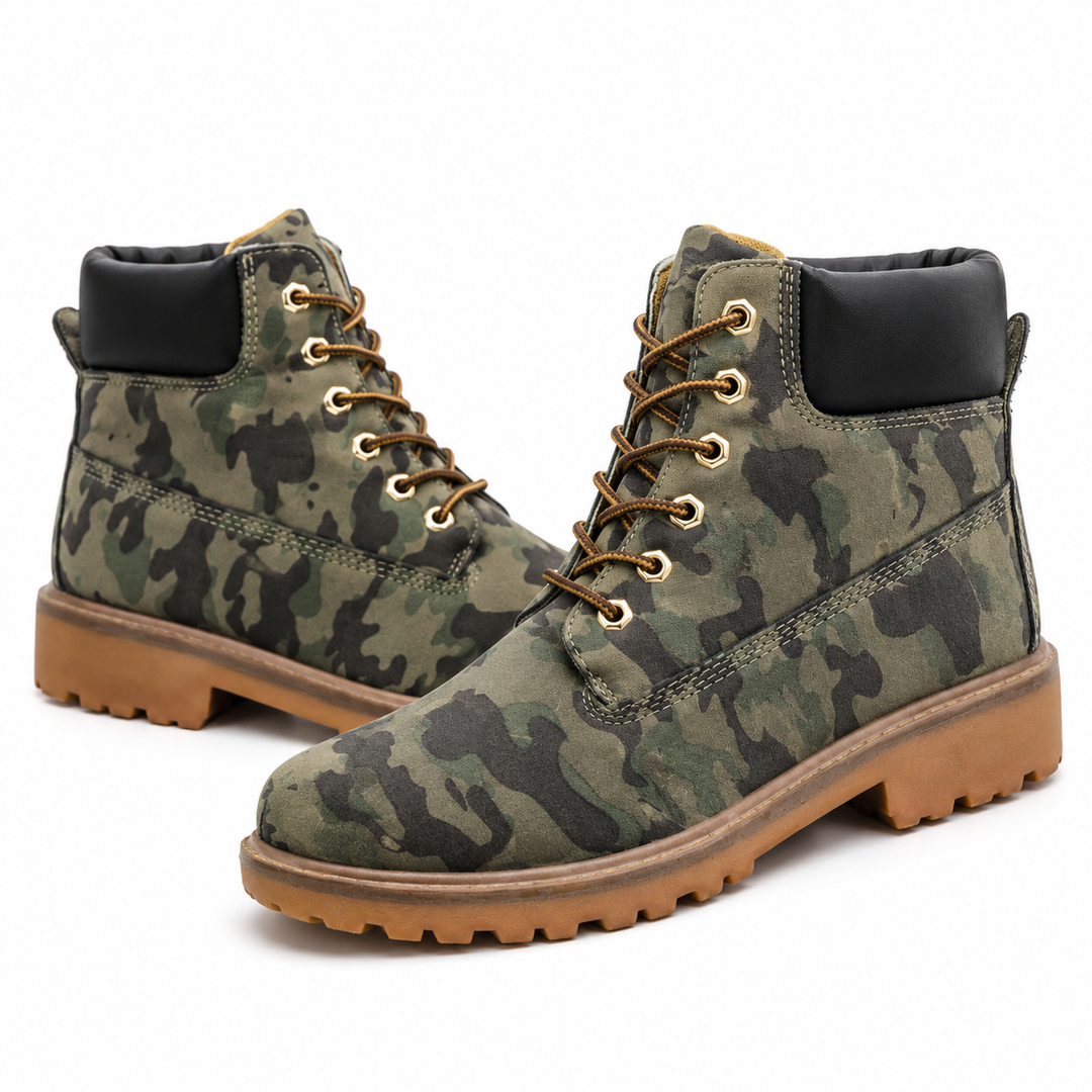 Camouflage high-top casual boots with black padded collar, brown laces, metal eyelets and tan lug sole on white background
