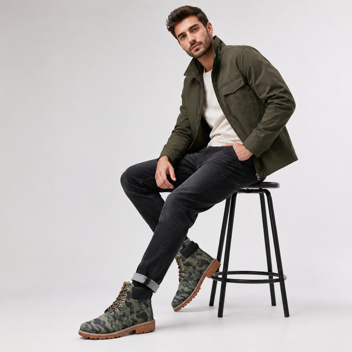 Male model wearing camouflage high-top casual boots with black padded collars and tan lug soles in a clean studio