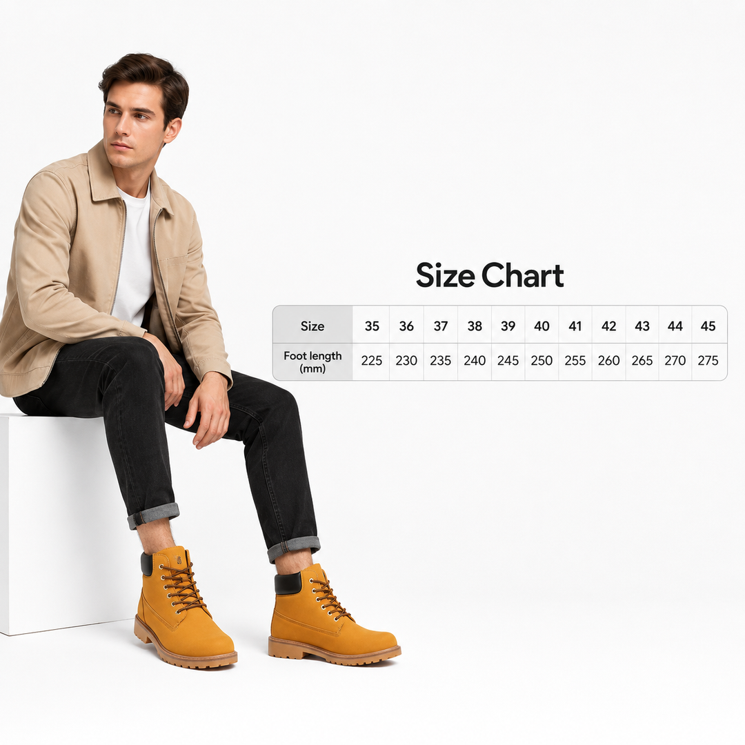 High-top casual boots size guide with model and verified sizes 35 to 45 with foot lengths from 225 to 275 mm