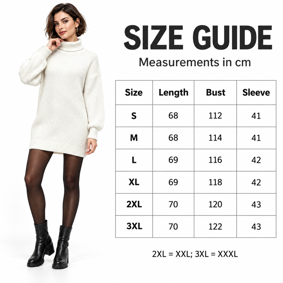 Size guide in centimeters for sizes S to 3XL, listing length, bust and sleeve measurements beside a model in the white dress.