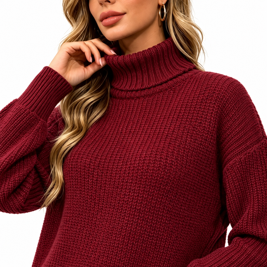 Close-up of the burgundy dress, showing its ribbed rolled high collar and a textured knit pattern against a white background.