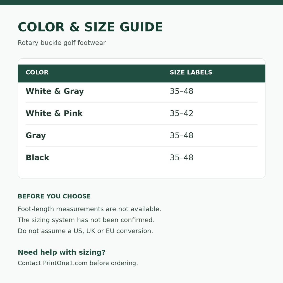 Size selection guide for four shoe colors, listing sizes 35 to 48 or 35 to 42, with advice to contact PrintOne1 before buying