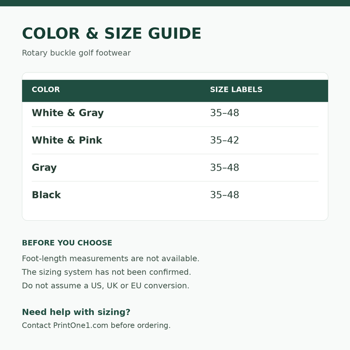 Size selection guide for four shoe colors, listing sizes 35 to 48 or 35 to 42, with advice to contact PrintOne1 before buying