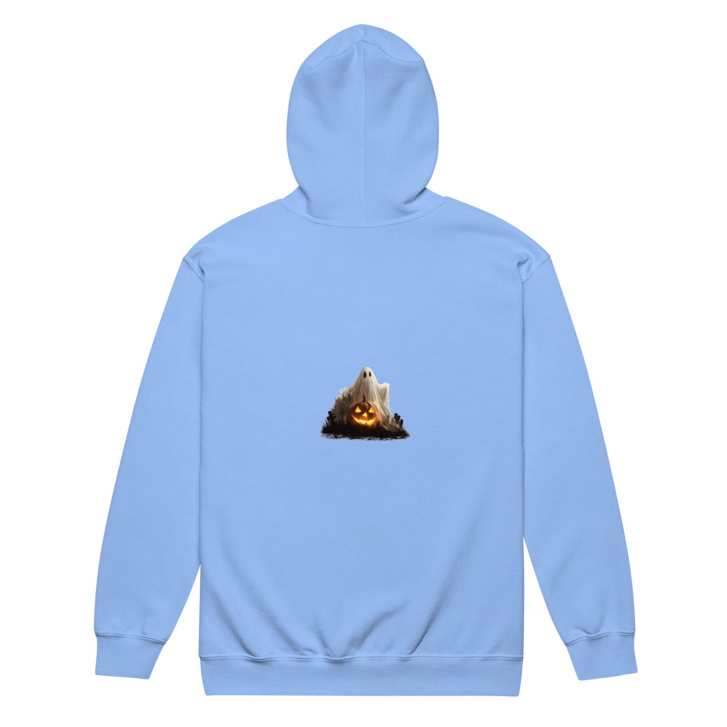 Light blue hoodie with ghost and jack-o-lantern design