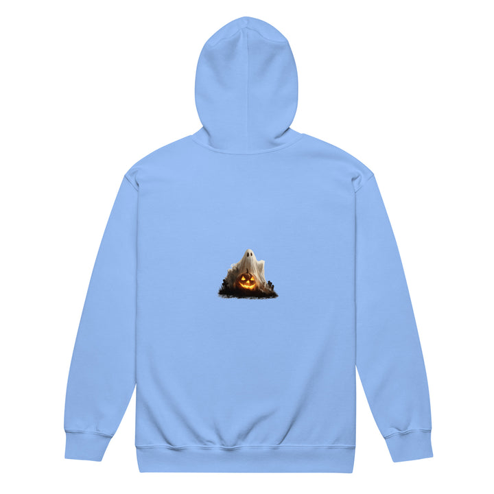 Light blue hoodie with ghost and jack-o-lantern design