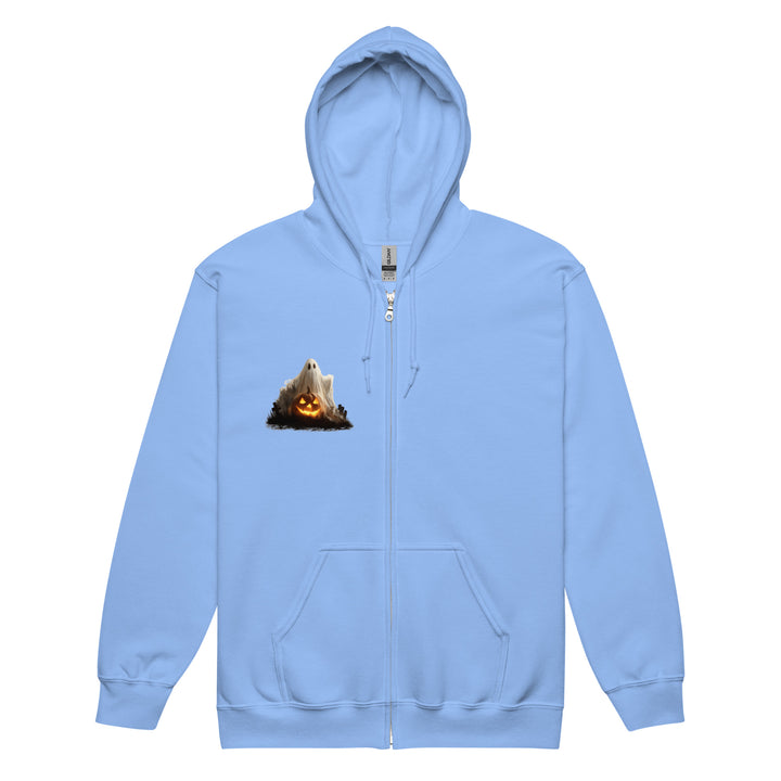 Light blue zip hoodie with ghost and pumpkin design