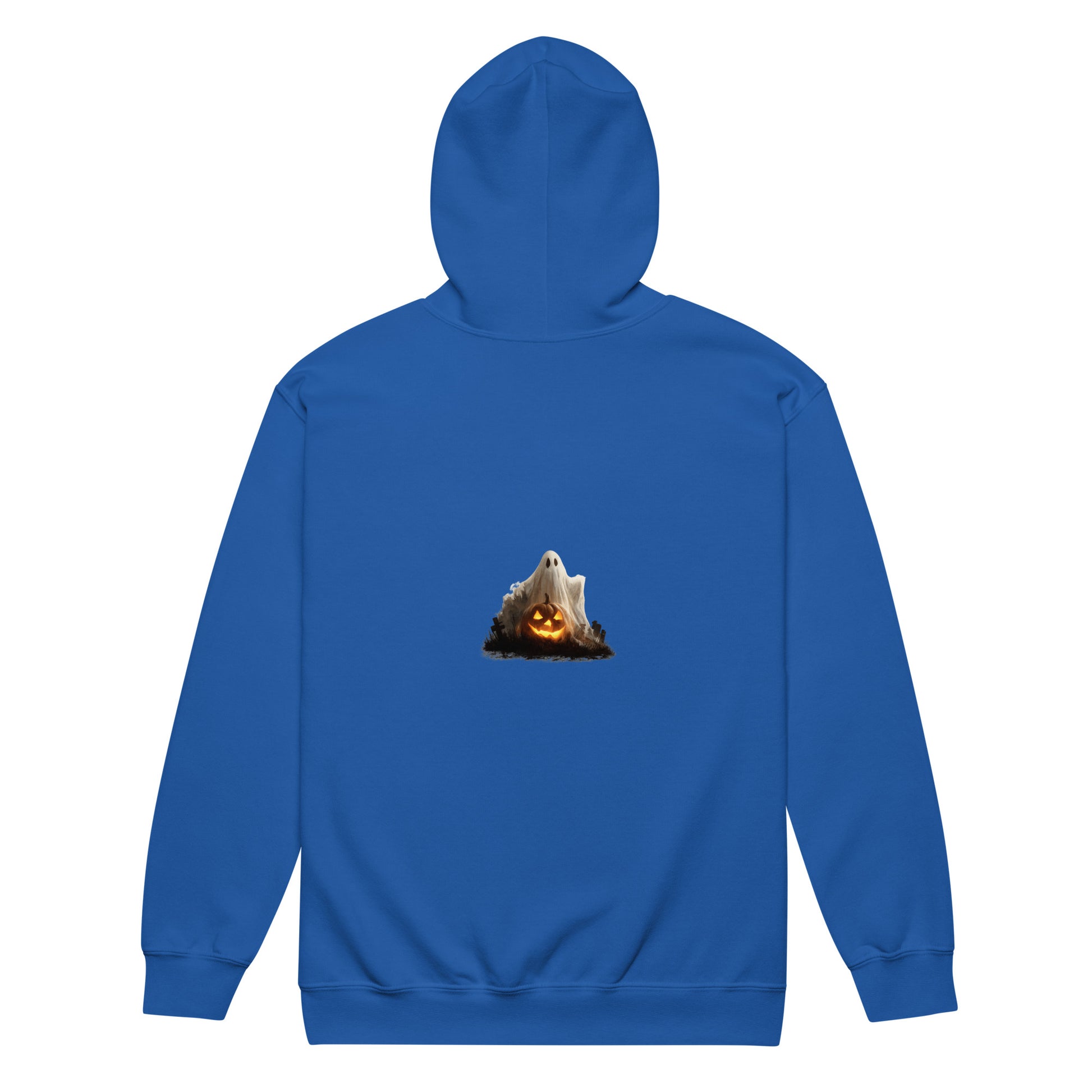 Blue hoodie with ghost and pumpkin Halloween design