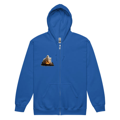 Blue zip hoodie with ghost and pumpkin design