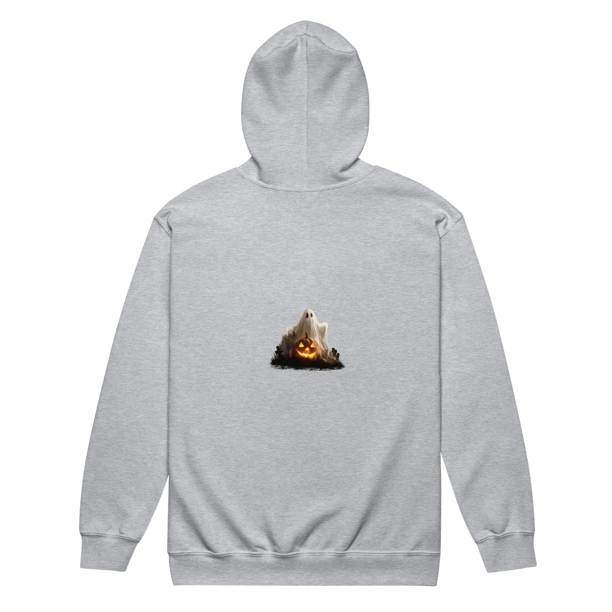 Gray hoodie with ghost and jack-o-lantern graphic