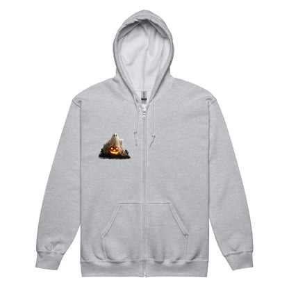 Gray unisex zip hoodie with ghost and pumpkin design