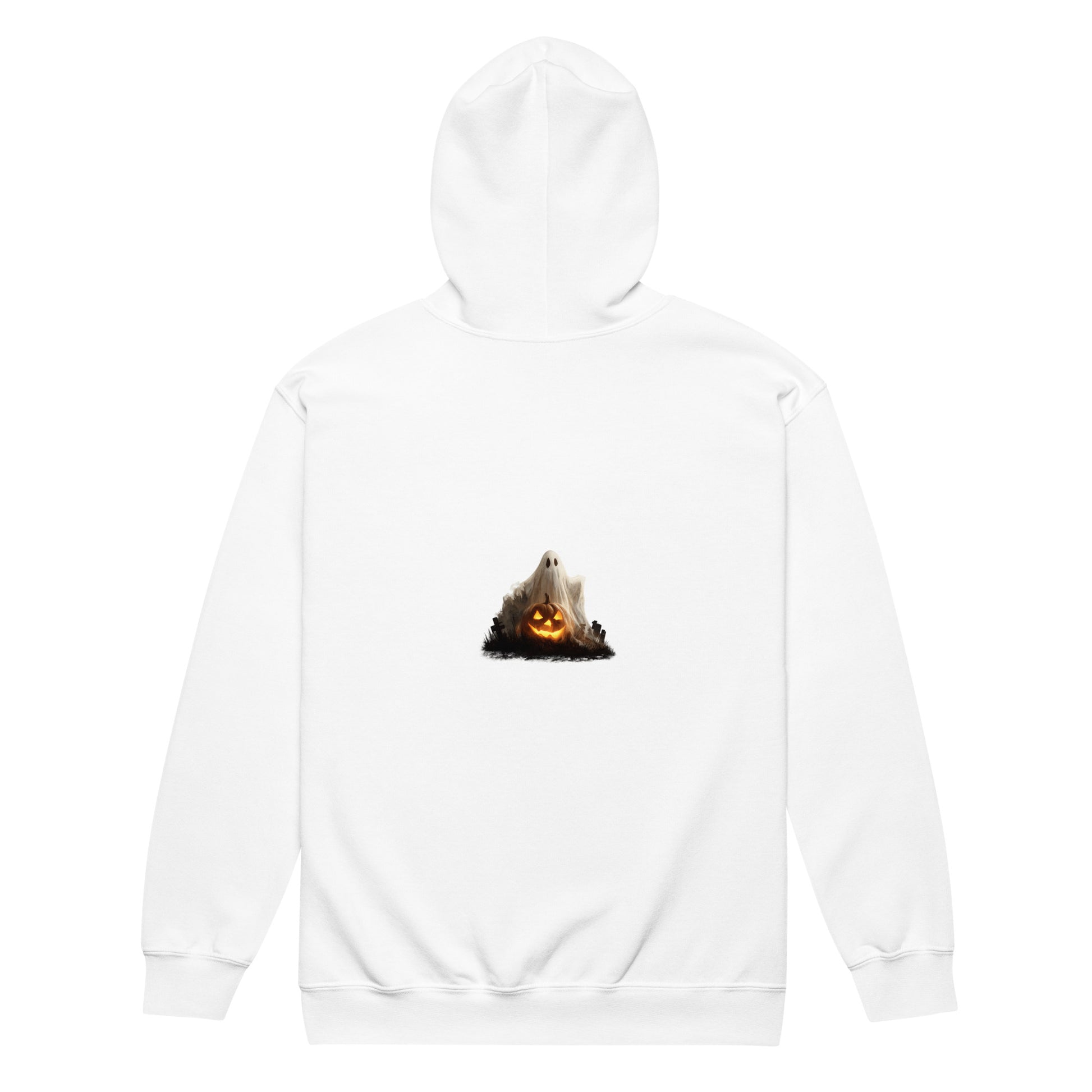 White fleece hoodie with Halloween ghost and pumpkin