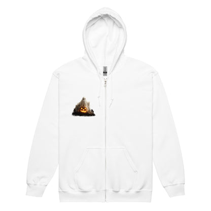 White zip hoodie with ghost and pumpkin design
