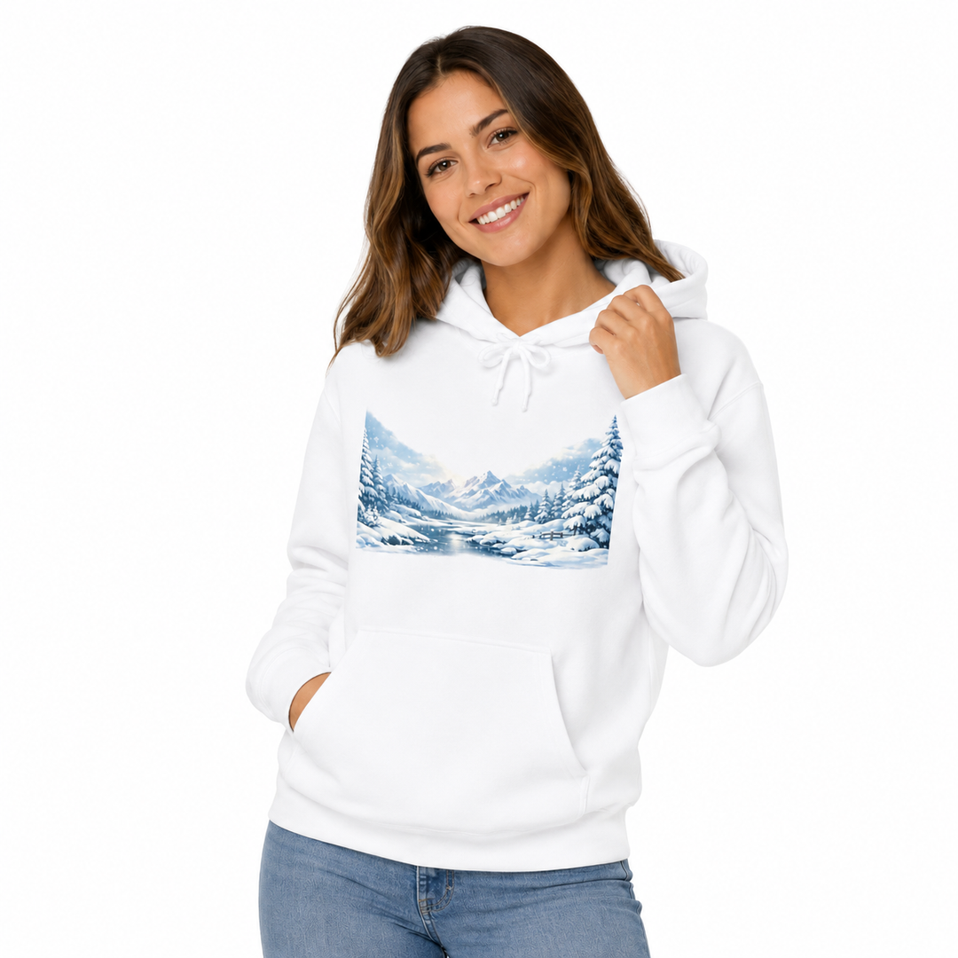 Woman modeling the unisex heavyweight white hoodie in a three-quarter studio pose with winter landscape chest print visible
