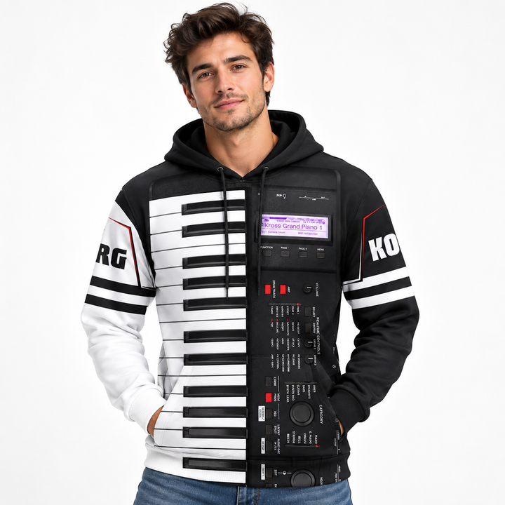Male model wearing the unisex black and white keyboard print hoodie in a clean studio setting with full front design visible.