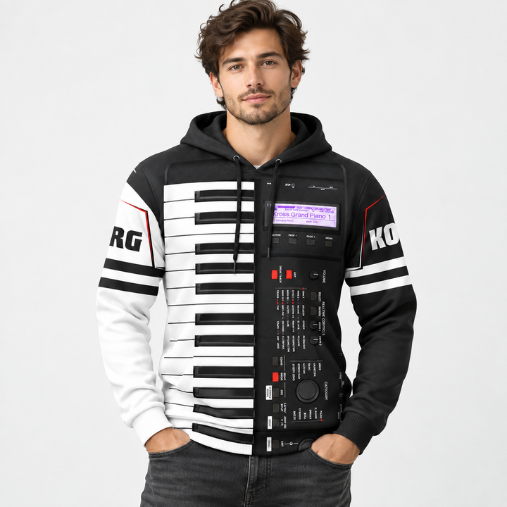Male model wearing the unisex keyboard print hoodie in a clean studio setting with the complete front graphic clearly visible