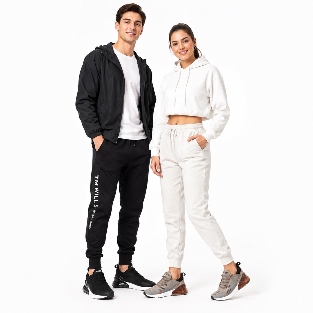 Unisex Max Air running shoes worn by a man and woman in a clean studio product image on a white background.
