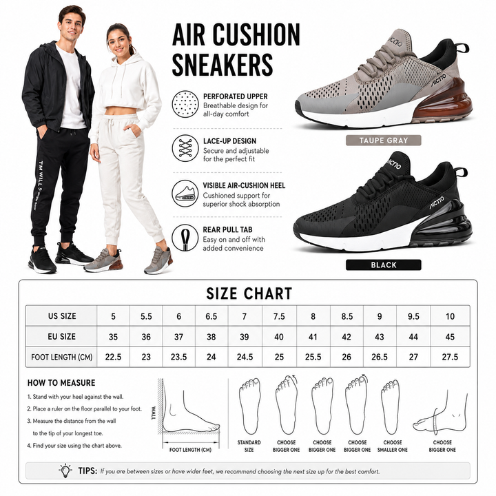 Unisex Max Air running shoes infographic with black and brown variants, product details and size chart.