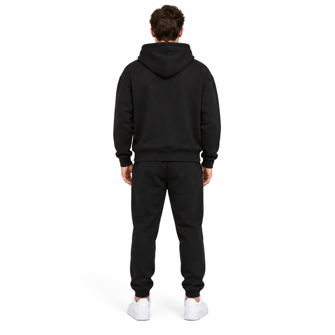 Black hoodie and jogger set shown from the back