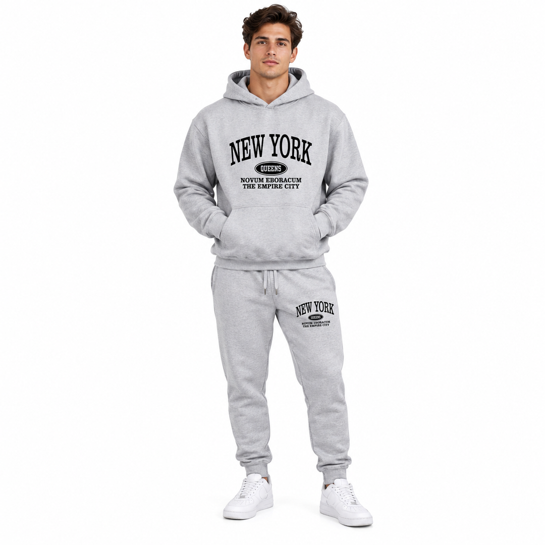 Heather gray New York hoodie and jogger set on a male model