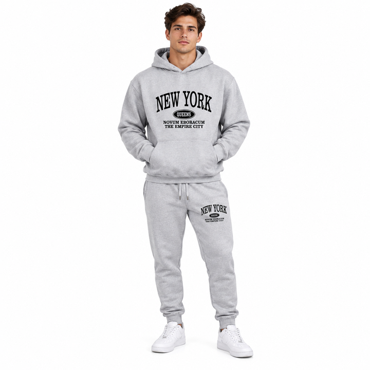 Heather gray New York hoodie and jogger set on a male model