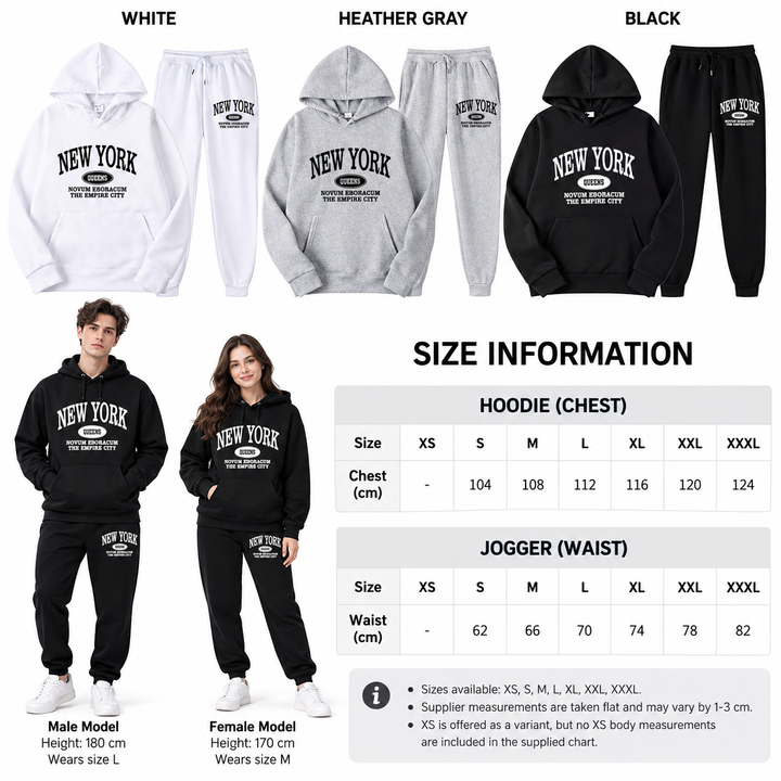 Unisex New York sweatsuit color options and size information