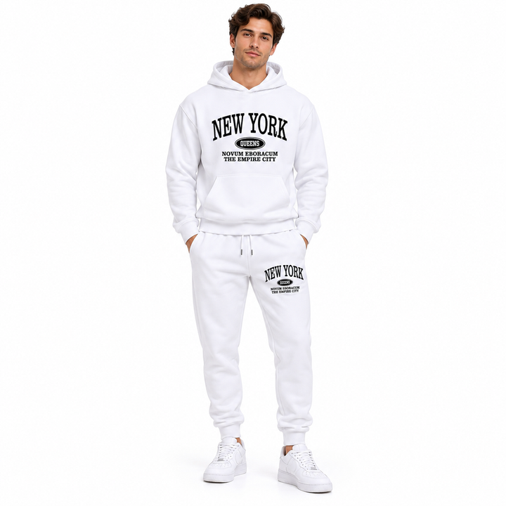 White New York Queens hoodie and jogger set on a female model