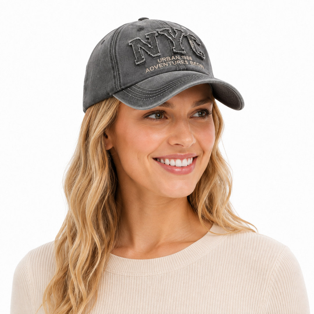 Unisex NYC baseball cap - close-up of washed cotton texture, stitching and embroidery