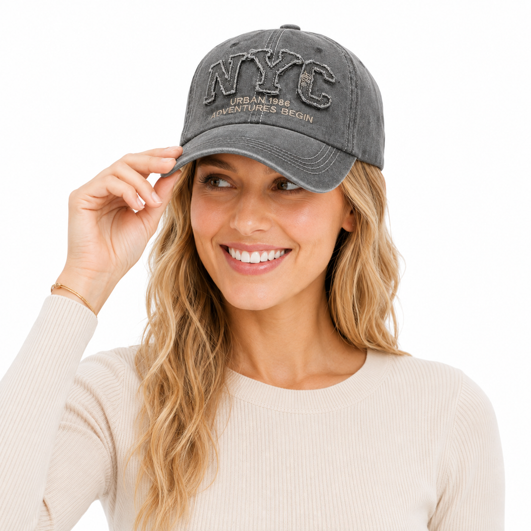 Unisex NYC baseball cap - minimalist lifestyle model image on white background