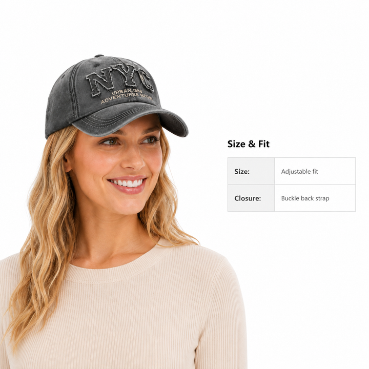 Unisex NYC baseball cap - adjustable fit and buckle back strap size guide