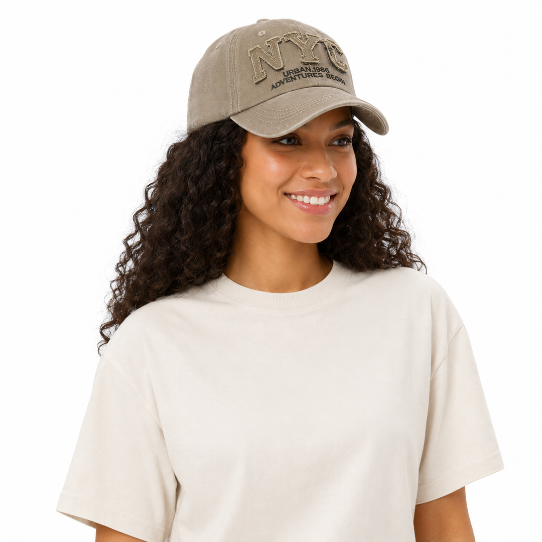 Unisex NYC baseball cap - three-quarter model view highlighting embroidered NYC design