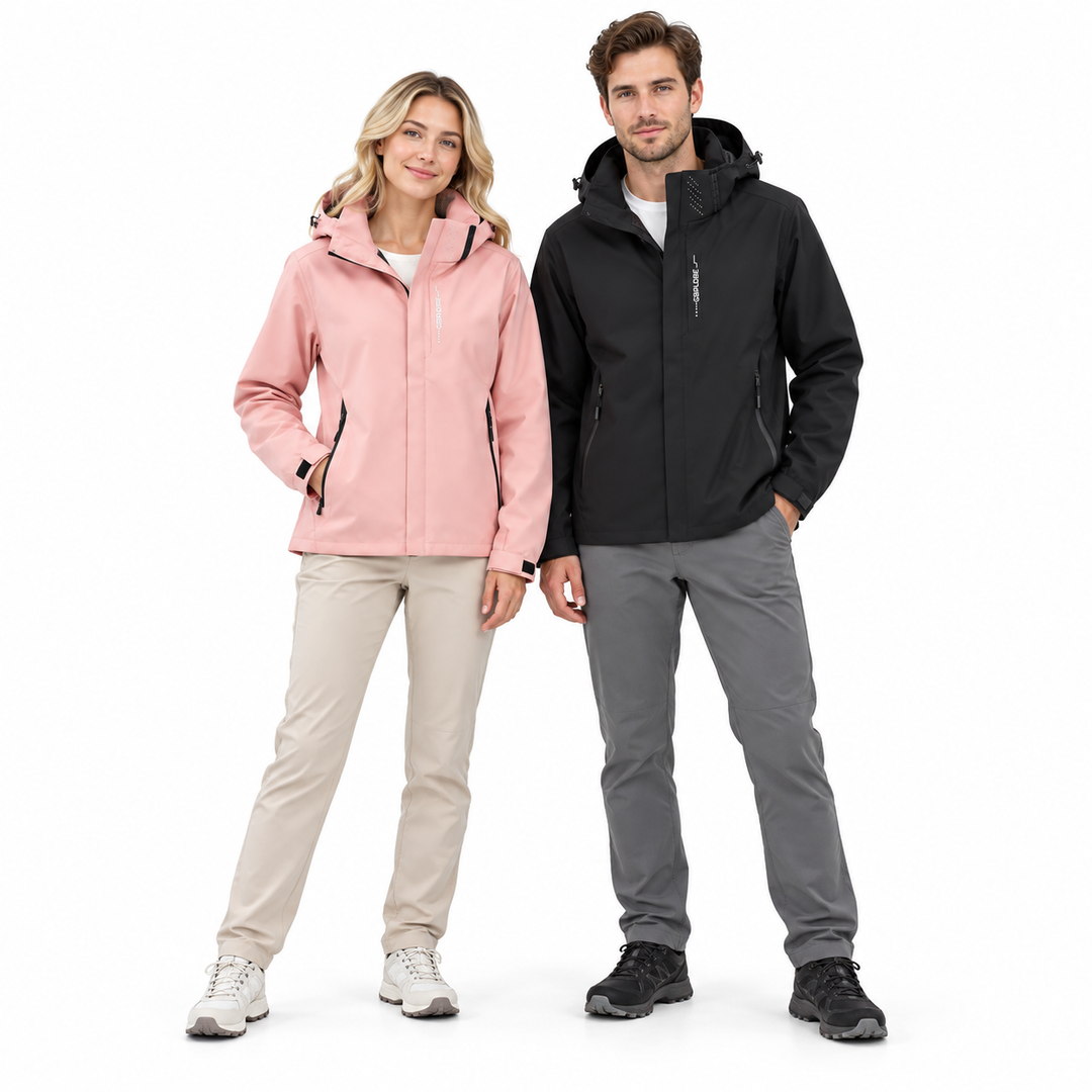 Unisex jacket worn by a woman in Pink and a man in Black on a white background