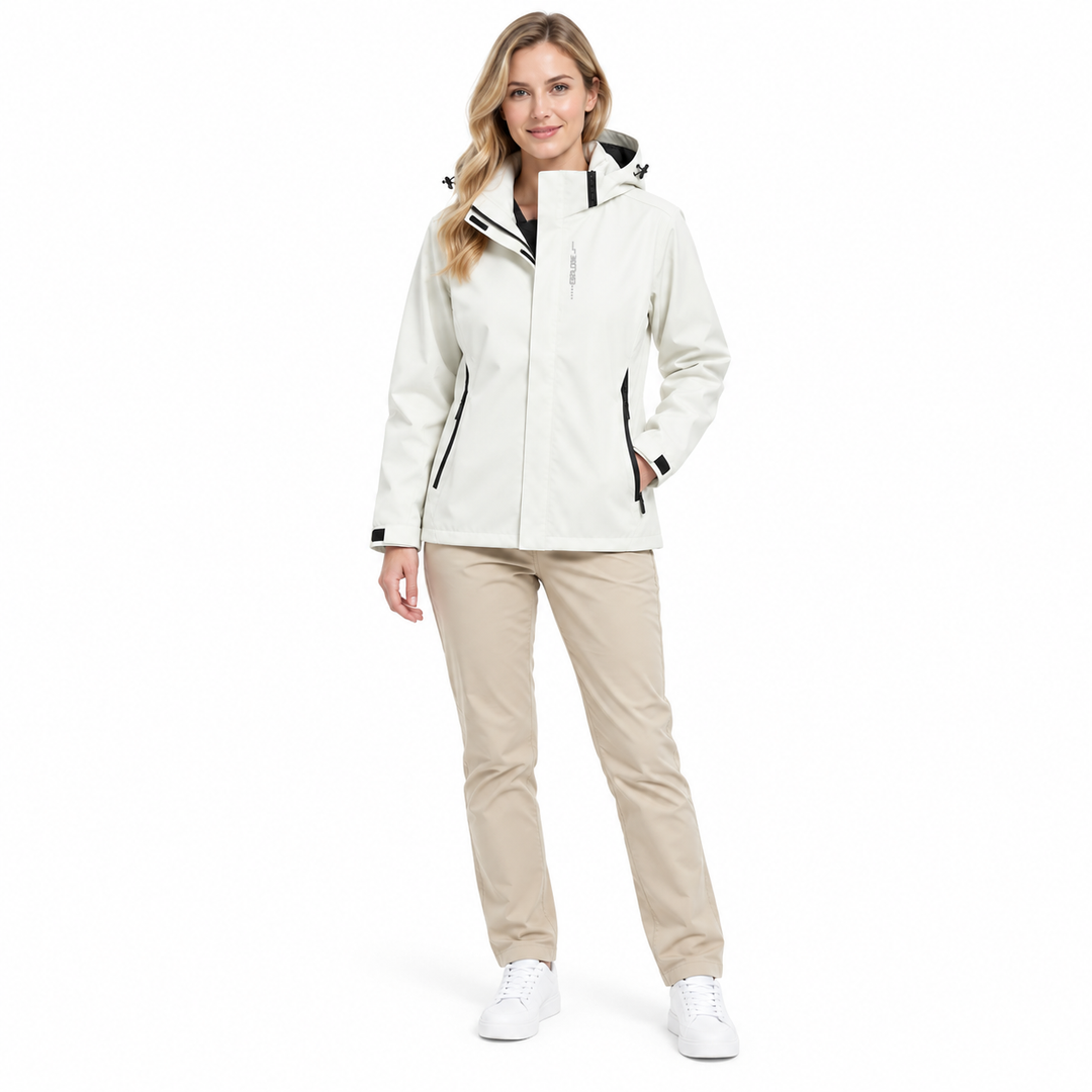 Ivory White hooded jacket worn by a woman in a full-length front view