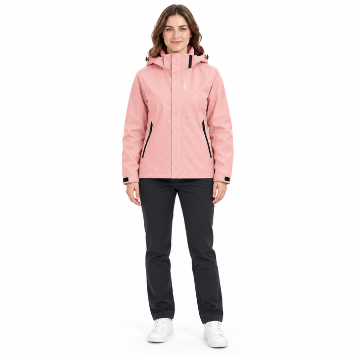 Pink hooded jacket worn by a woman in a full-length front view