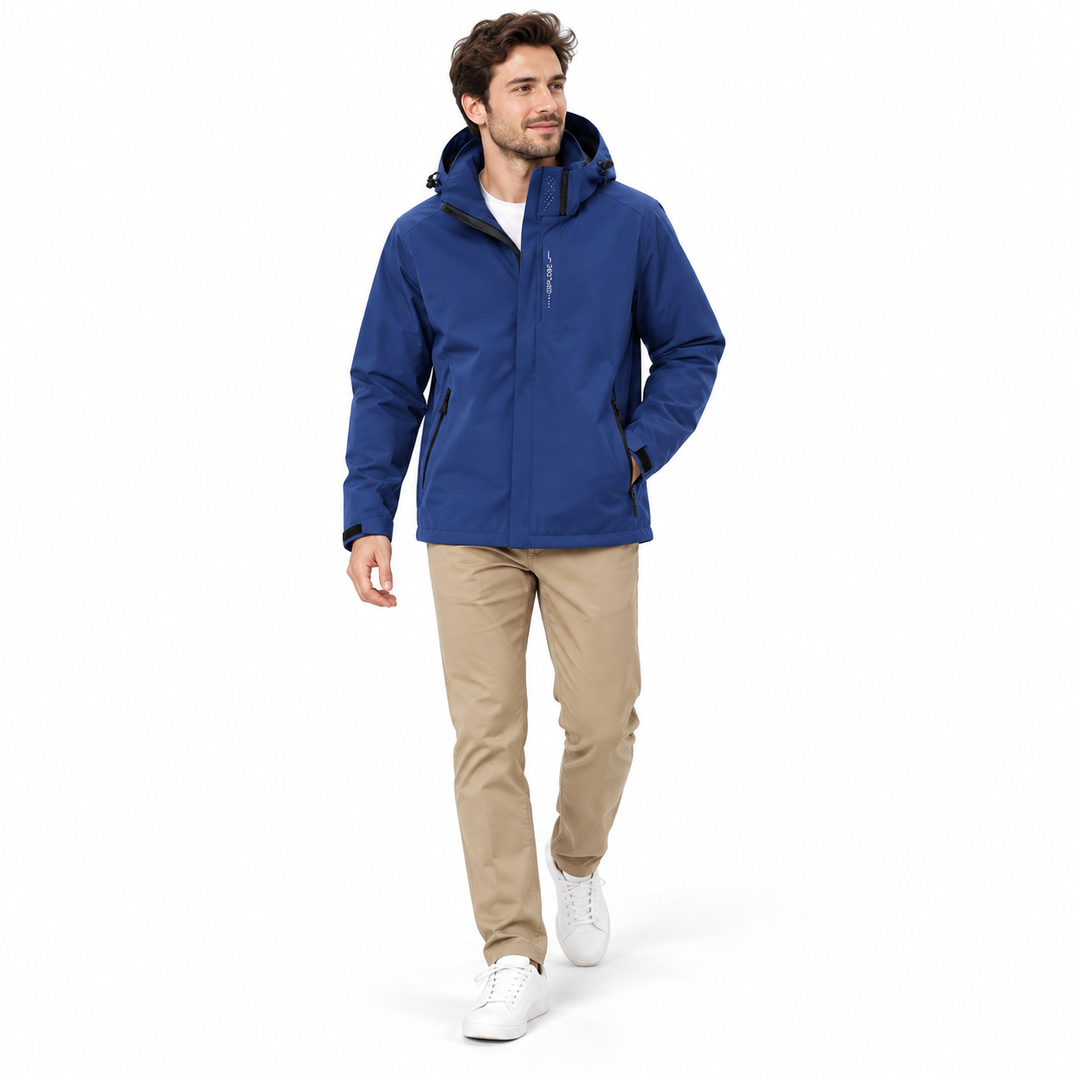 Dark Blue jacket worn by a man in a walking pose on a white background