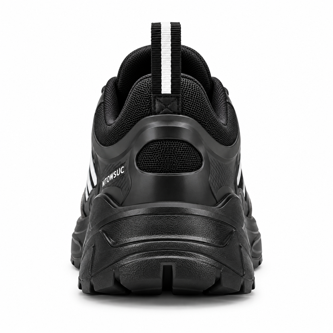 Rear view of Black / White unisex safety shoes showing heel construction and pull tab