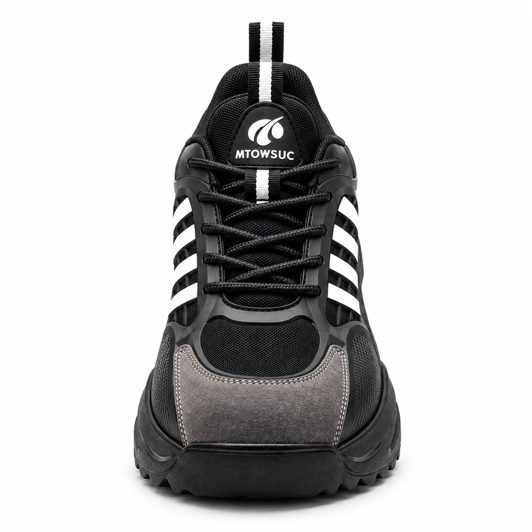 Front view of Black / White unisex safety shoes with lace-up closure and low-cut design