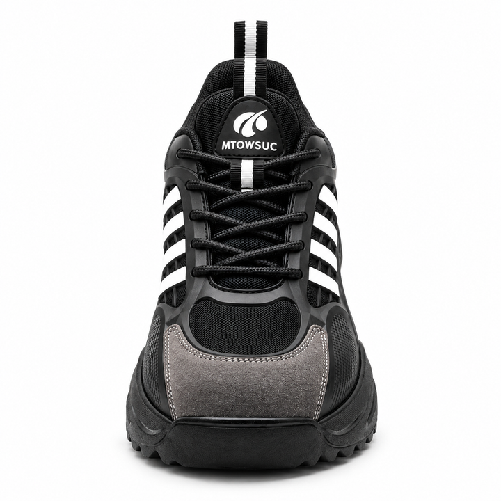 Front view of Black / White unisex safety shoes with lace-up closure and low-cut design