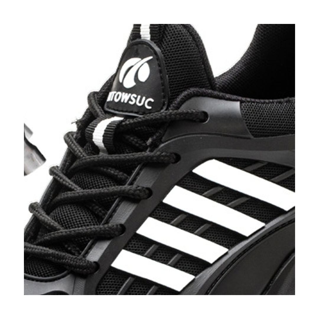 Close-up of lace-up front detail on Black / White unisex safety shoes