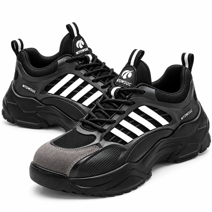 Pair of Black / White unisex safety shoes shown together on a clean white background