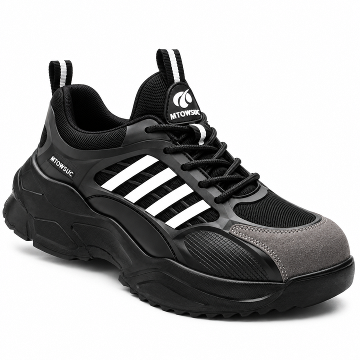 Side view of Black / White unisex safety shoes with flyknit upper and rugged sole