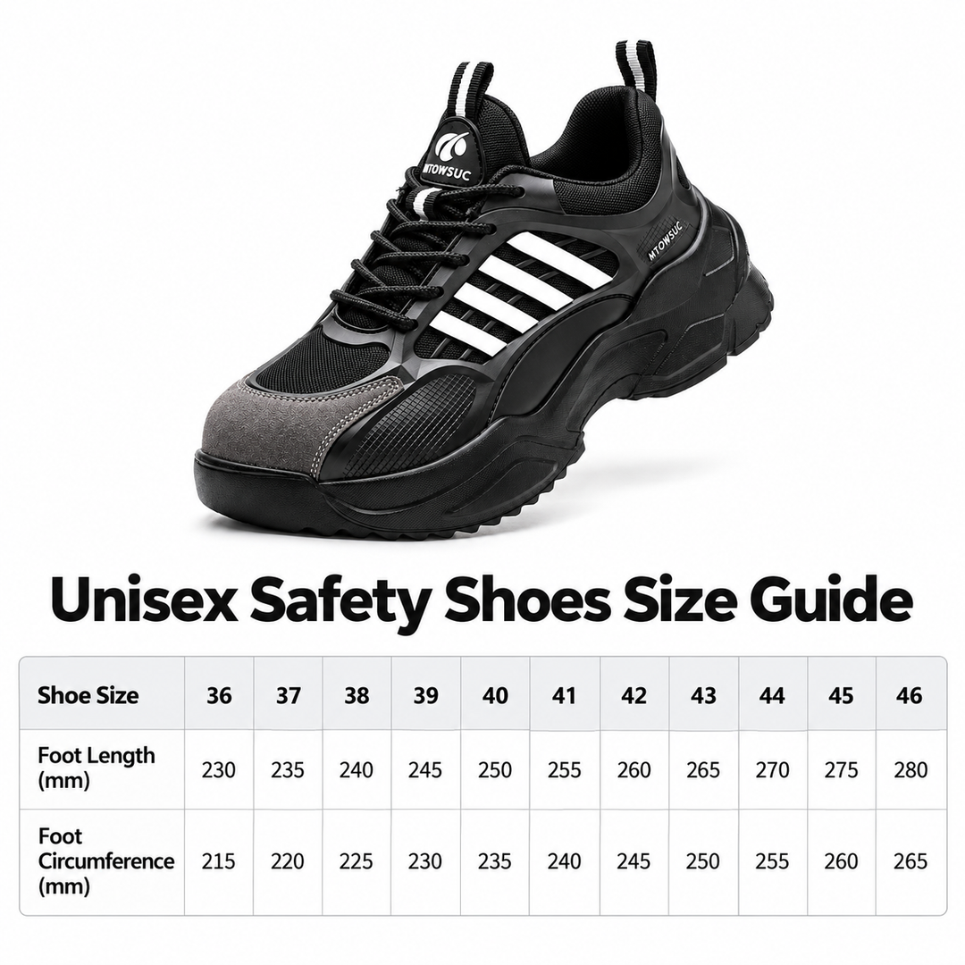 Unisex safety shoes size guide for sizes 36-46 with foot length and circumference in millimeters
